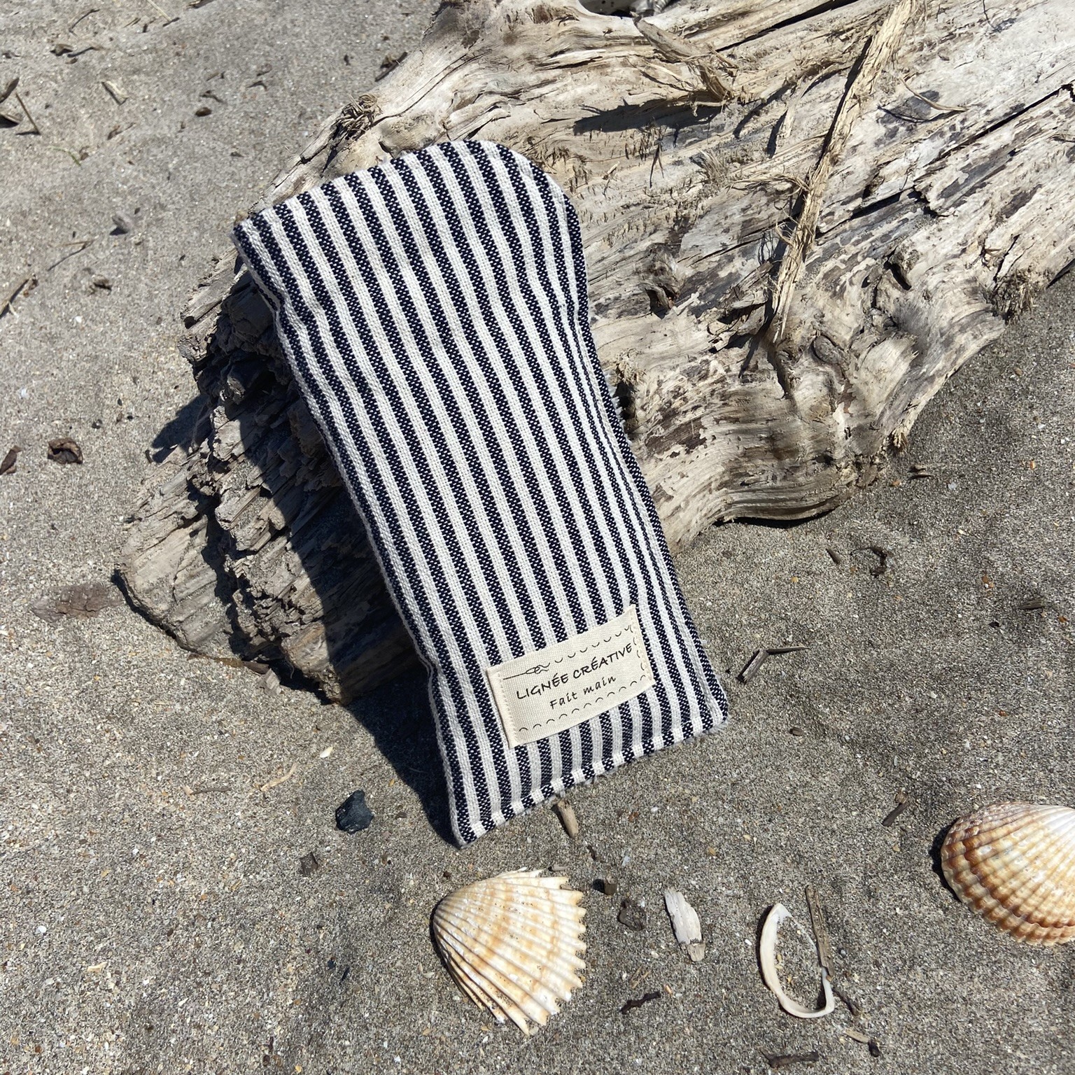 Etui lunettes rayures marine et ecru plage