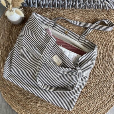 sac cabas fourre tout rayures noir et ecru plat plein