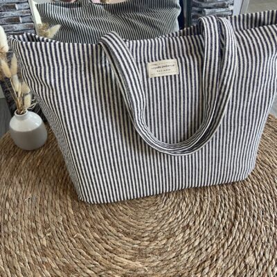 sac cabas fourre tout rayures noir et ecru plein