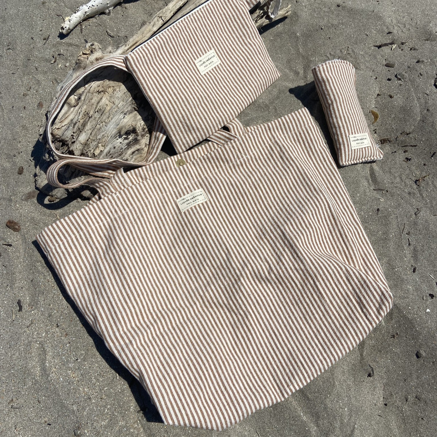 combo sac cabas etui pochette rayures peanuts et ecru