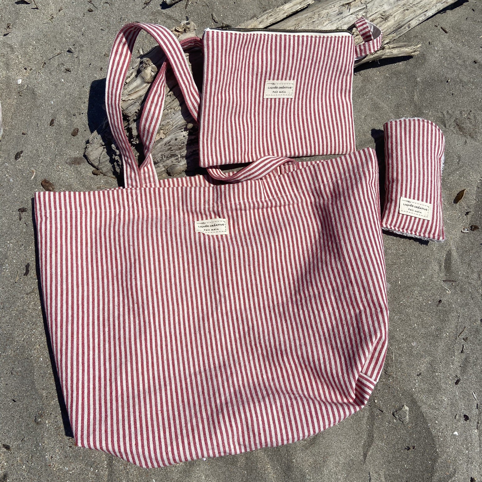 combo sac cabas etui pochette rayures rouge et ecru
