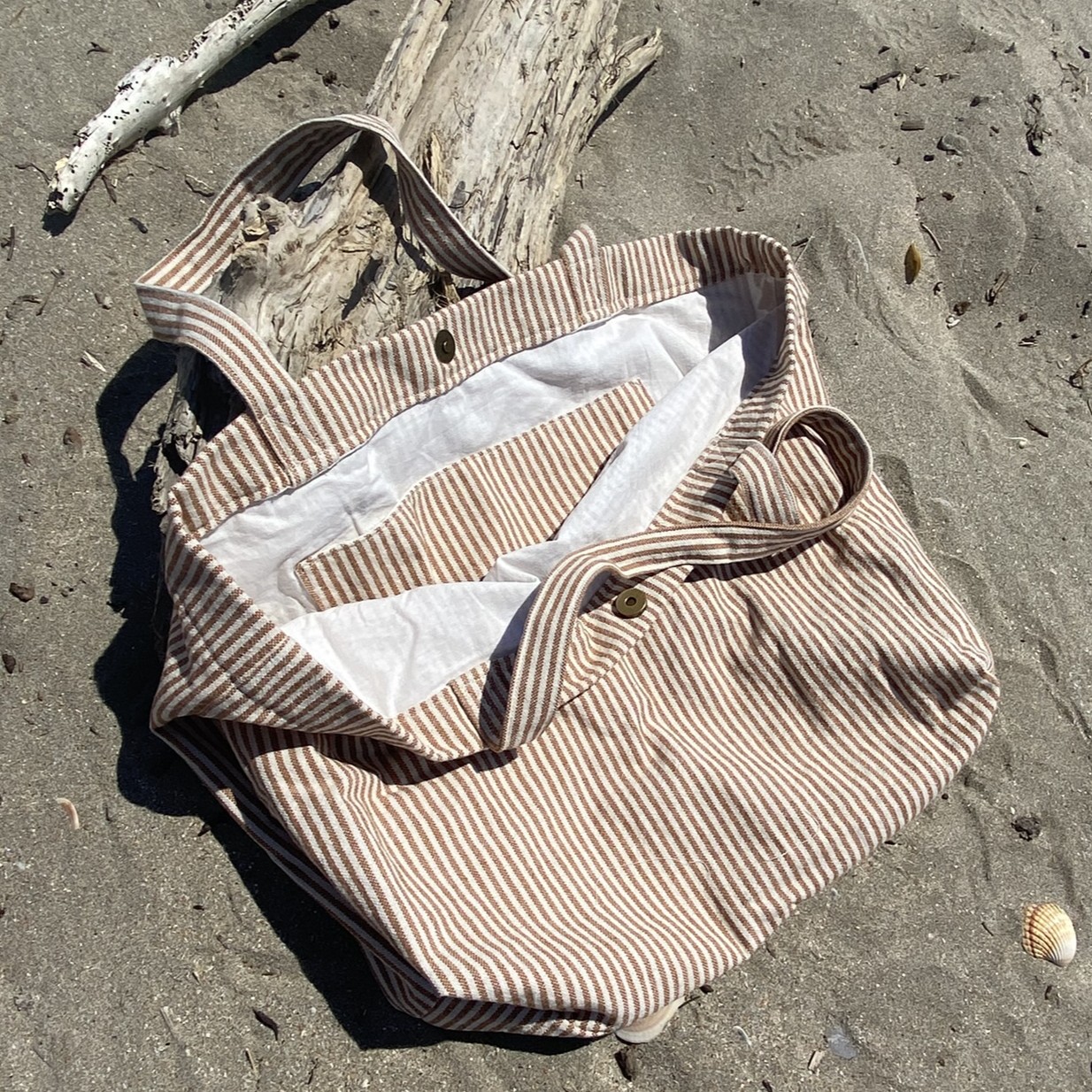 sac cabas fourre tout rayures peanuts et ecru poche interieure