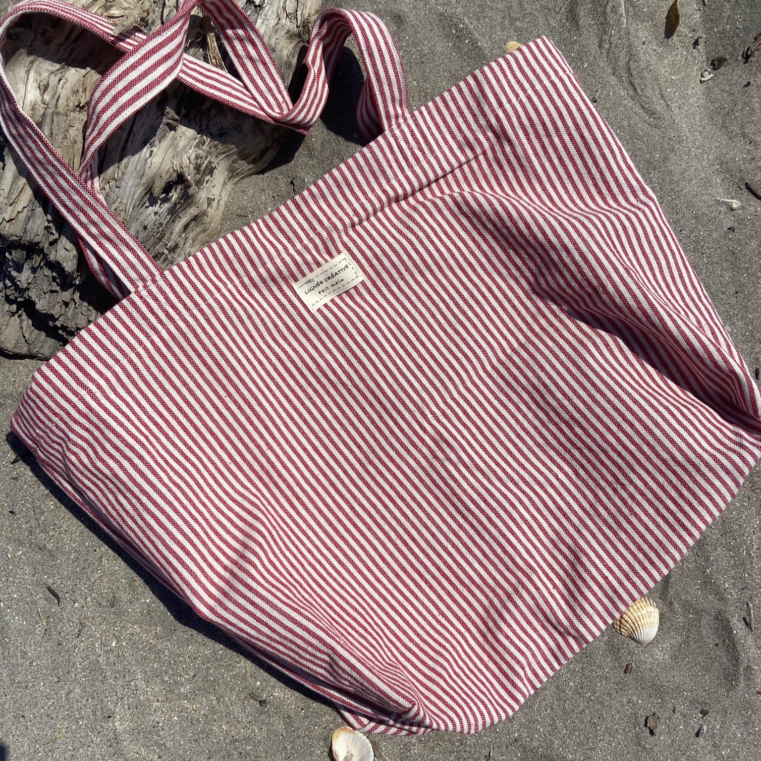 sac cabas fourre tout rayures rouge et ecru plat