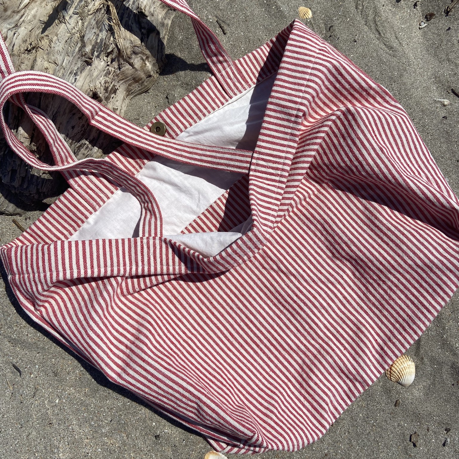 sac cabas fourre tout rayures rouge et ecru poche interieure